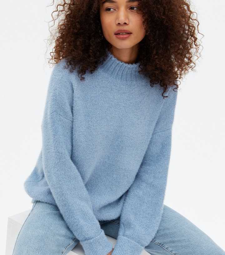 Girls Pale Blue Fluffy Knit High Neck Jumper