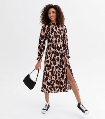 Brown Leopard Print High Neck Split Hem Midi Dress New Look