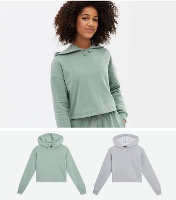 Girls 2 Pack Light Green and Grey Plain Hoodies New Look