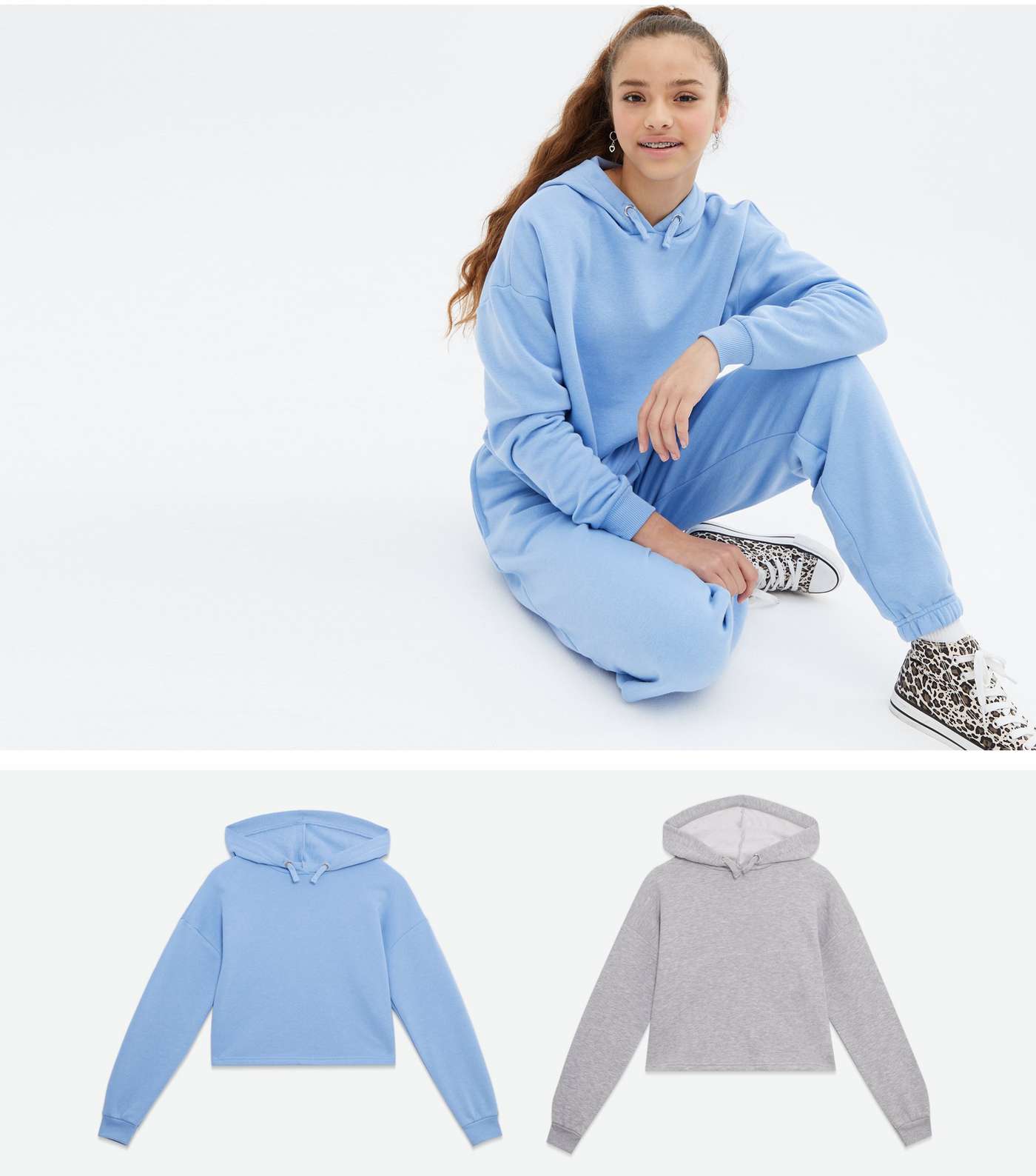 Girls 2 Pack Pale Blue and Grey Plain Hoodies