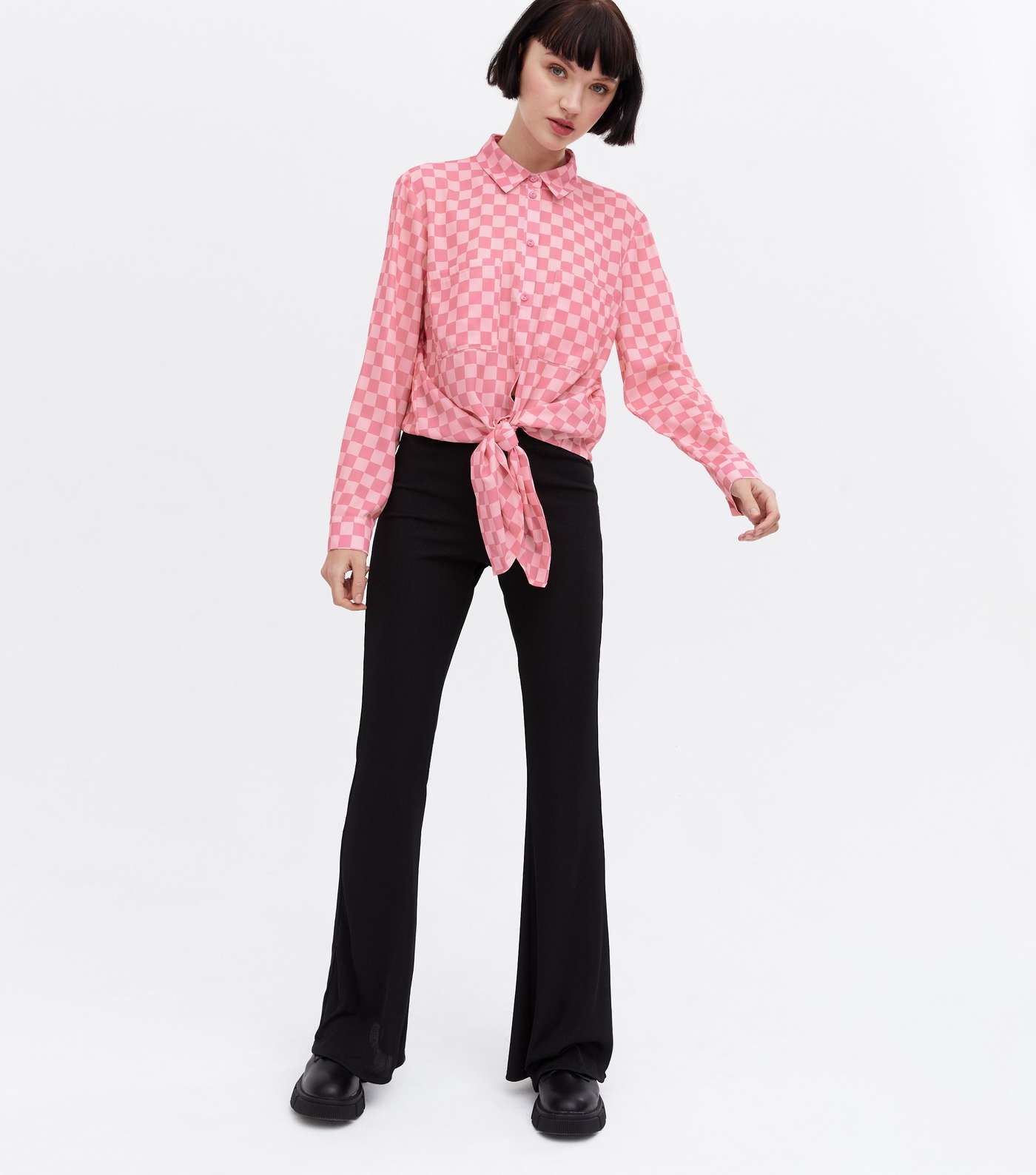 Pink Checkerboard Tie Front Long Sleeve Shirt Image 2