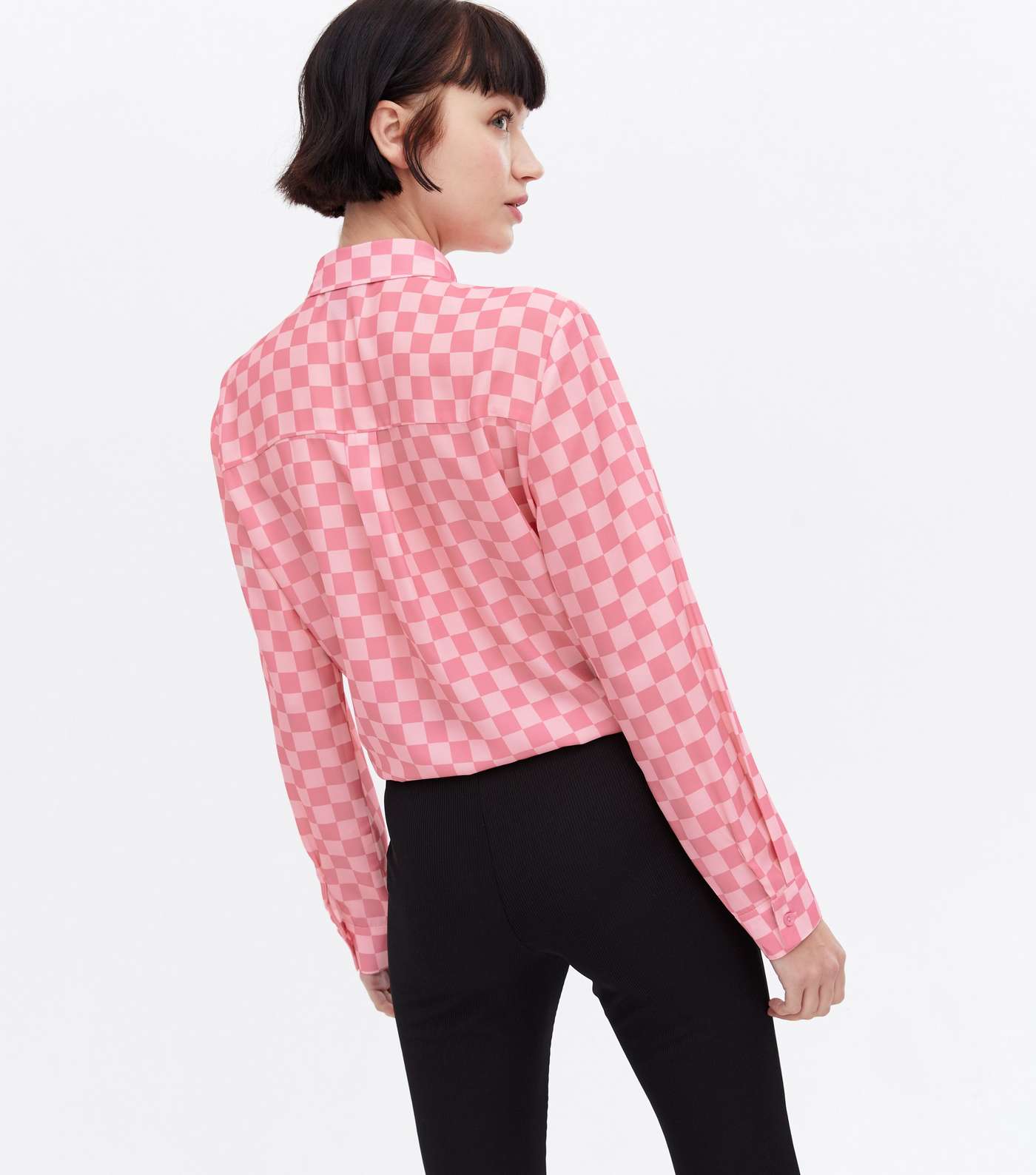 Pink Checkerboard Tie Front Long Sleeve Shirt Image 4