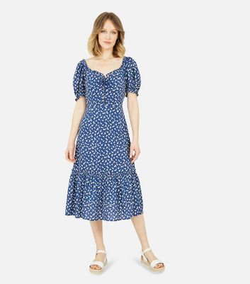 Click to view product details and reviews for Yumi Navy Ditsy Floral Tie Front Tiered Midi Dress New Look.