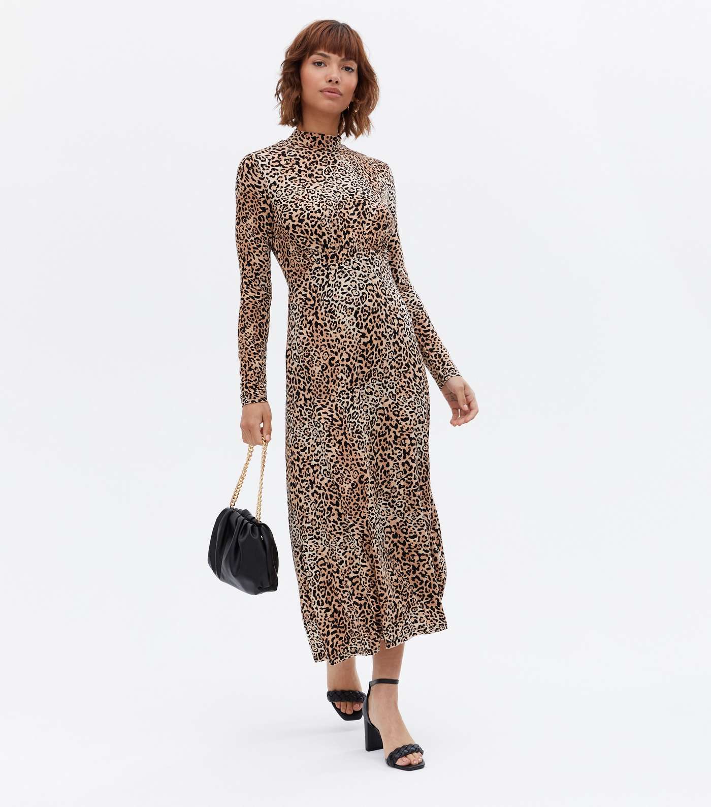 Brown Leopard Print Jersey High Neck Midi Dress