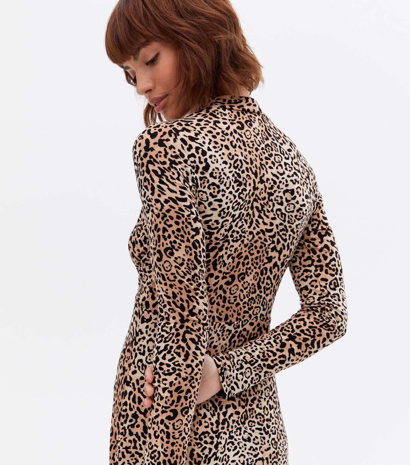 Brown Leopard Print Jersey High Neck Midi Dress Image 3