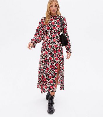 Click to view product details and reviews for Black Floral High Neck Split Front Midi Dress New Look.