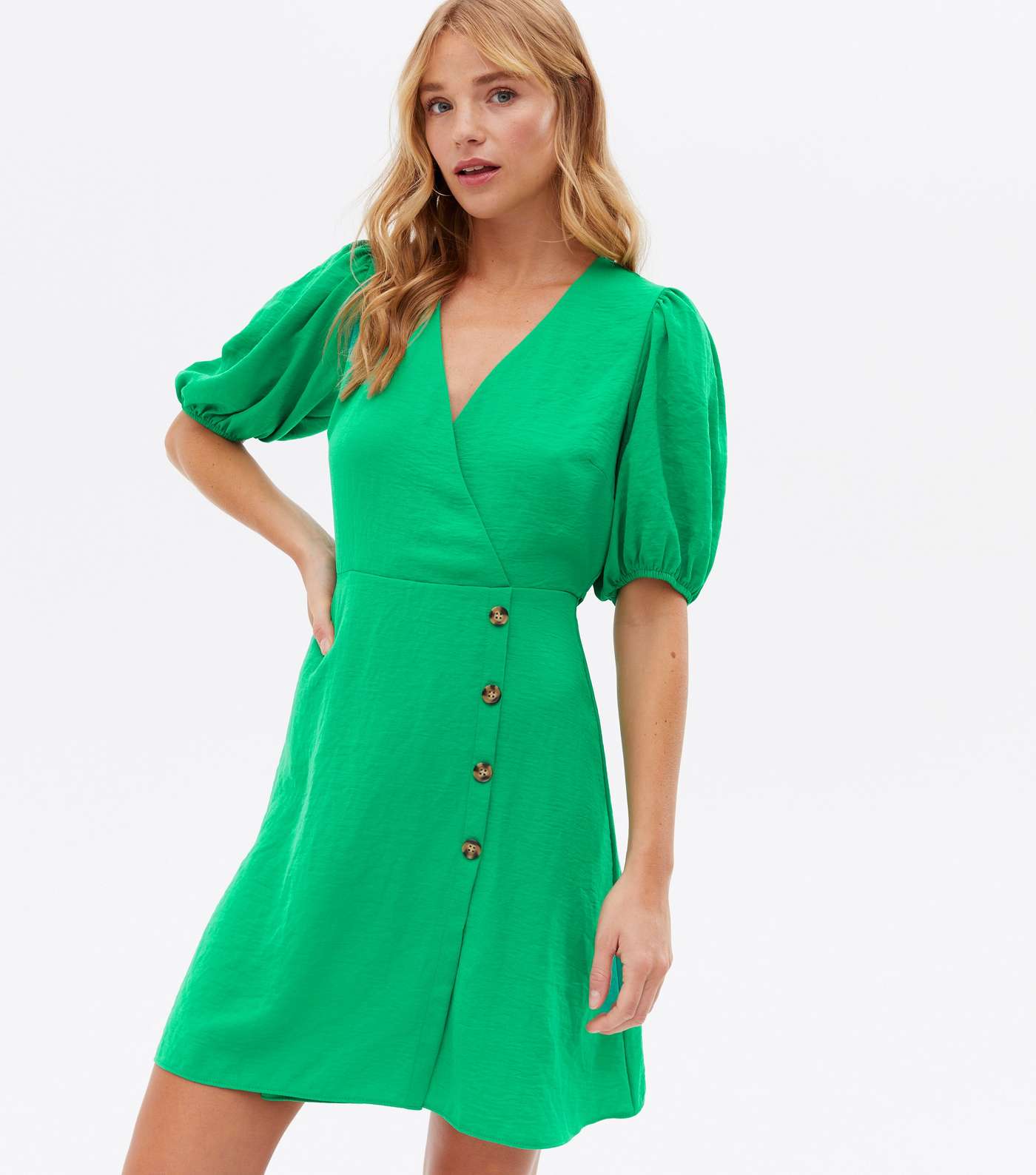 Green Herringbone Button Side Mini Wrap Dress