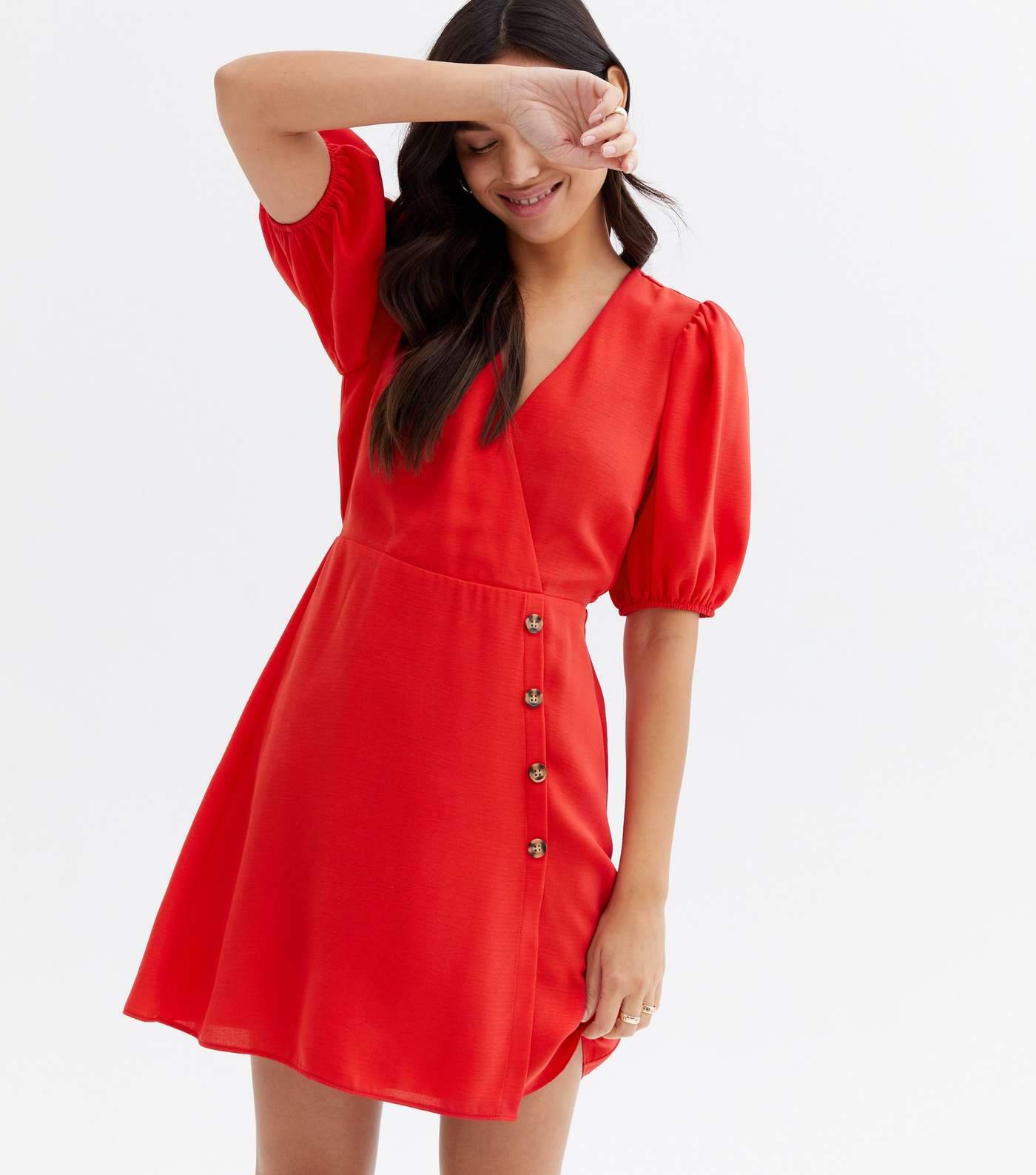 Red Herringbone Button Side Mini Wrap Dress