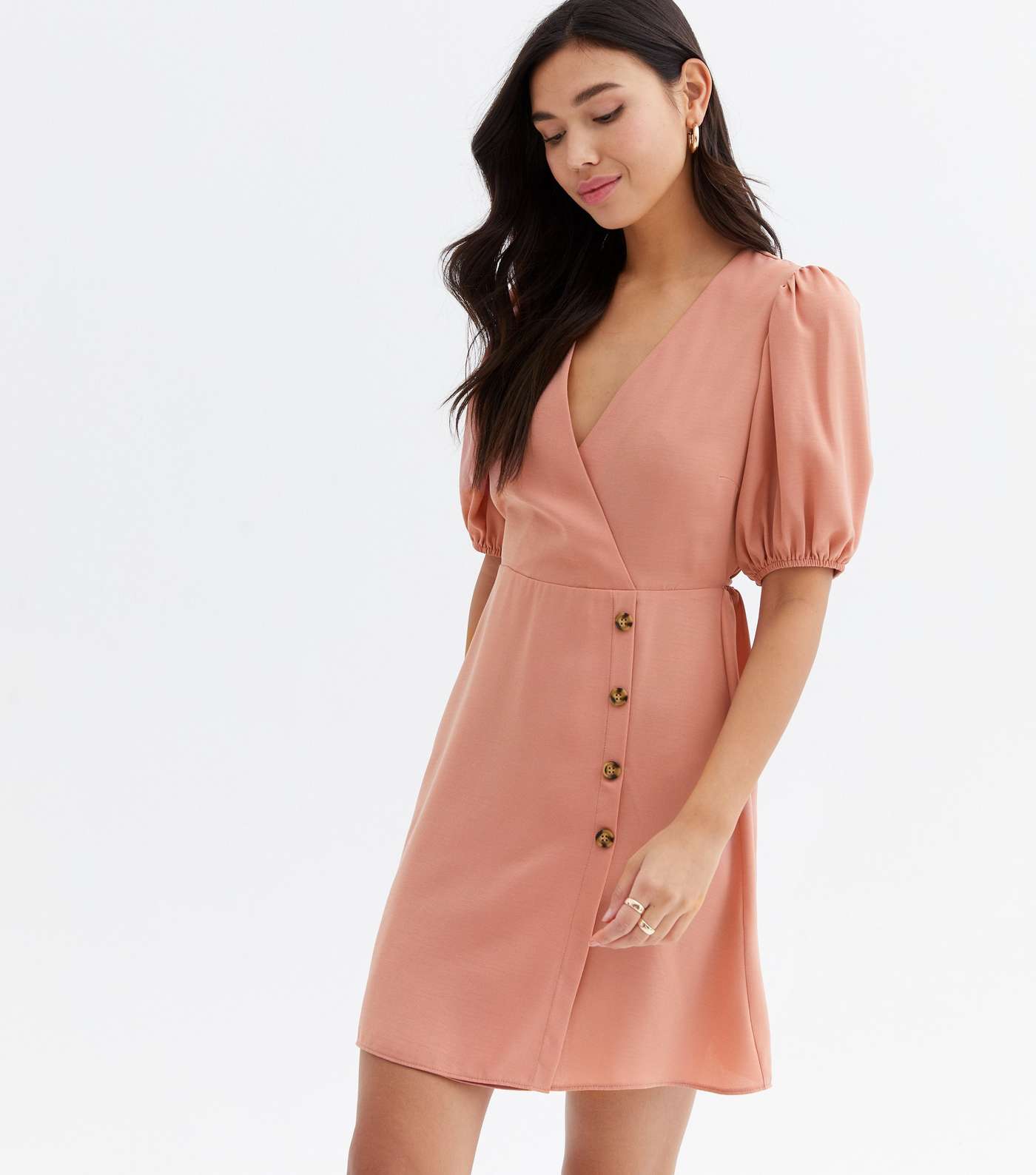 Pale Pink Herringbone Button Side Mini Wrap Dress