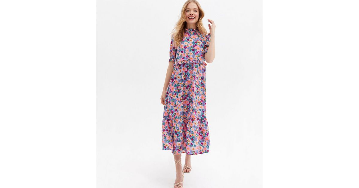 Blue Floral Frill High Neck Midi Smock Dress | New Look