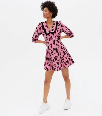 pink long sleeve animal print tea mini dress