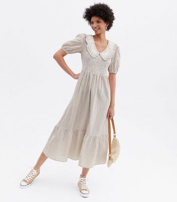 Brown Gingham Shirred Frill Collar Midi Dress New Look