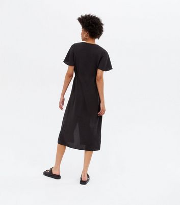 Damen Bekleidung Black Button Front V Neck Midi Dress