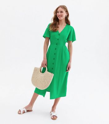 Green Button Front V Neck Midi Dress 