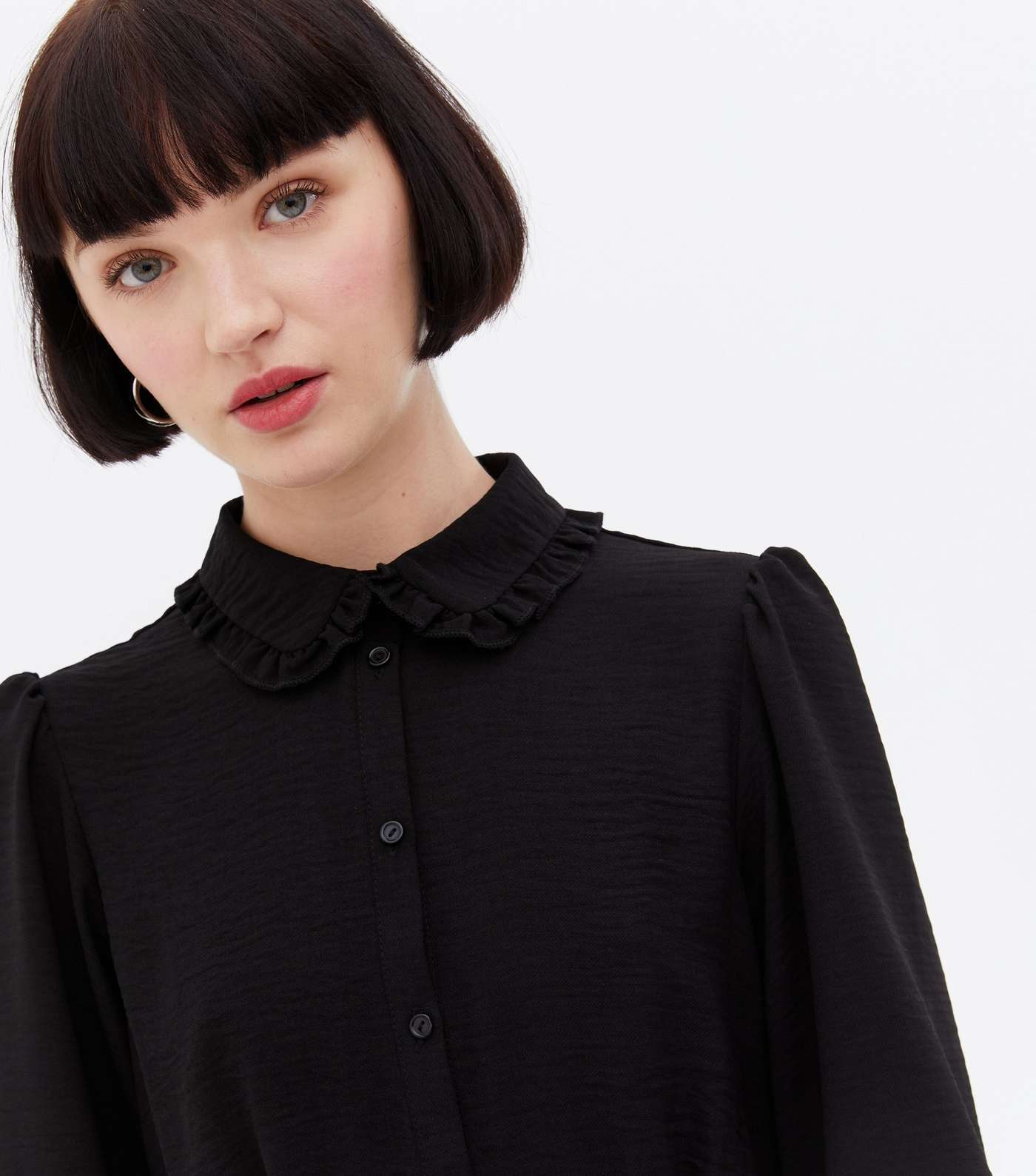 Black Herringbone Frill Collar Mini Shirt Dress Image 2