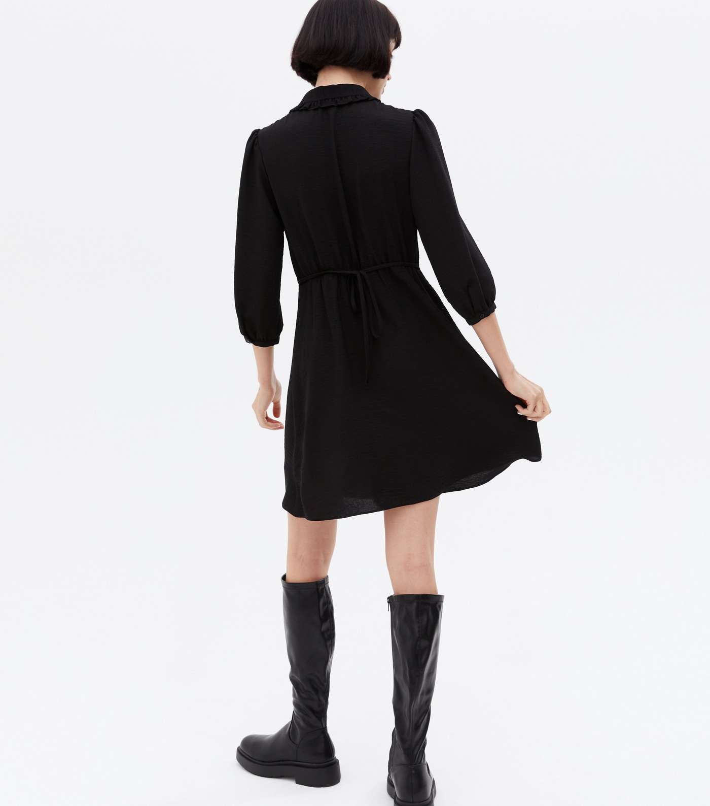 Black Herringbone Frill Collar Mini Shirt Dress Image 4