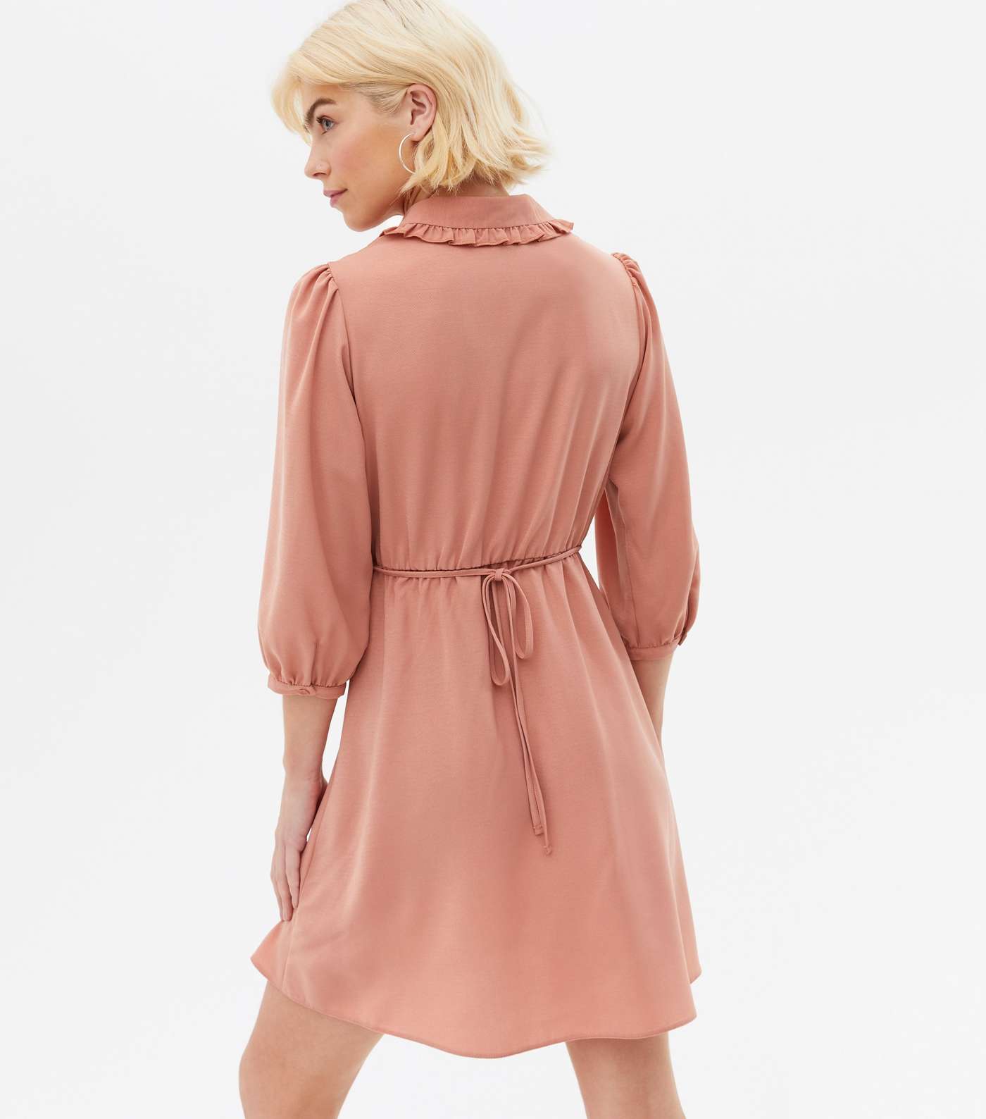 Pale Pink Herringbone Frill Collar Mini Shirt Dress Image 4