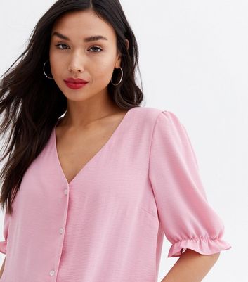 Mid Pink Button Front Frill Blouse 