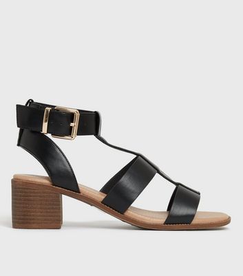 Wide Fit Black Multi Strap Mid Block Heel Sandals | New Look