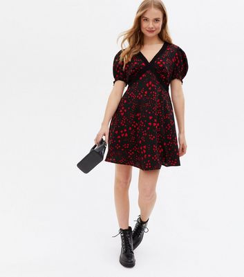 Black Heart Lace Puff Sleeve Mini Dress New Look