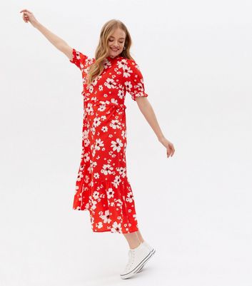 Red Floral Frill Tiered Midi Smock 