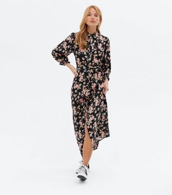 Black Floral Button Front Midaxi Shirt 