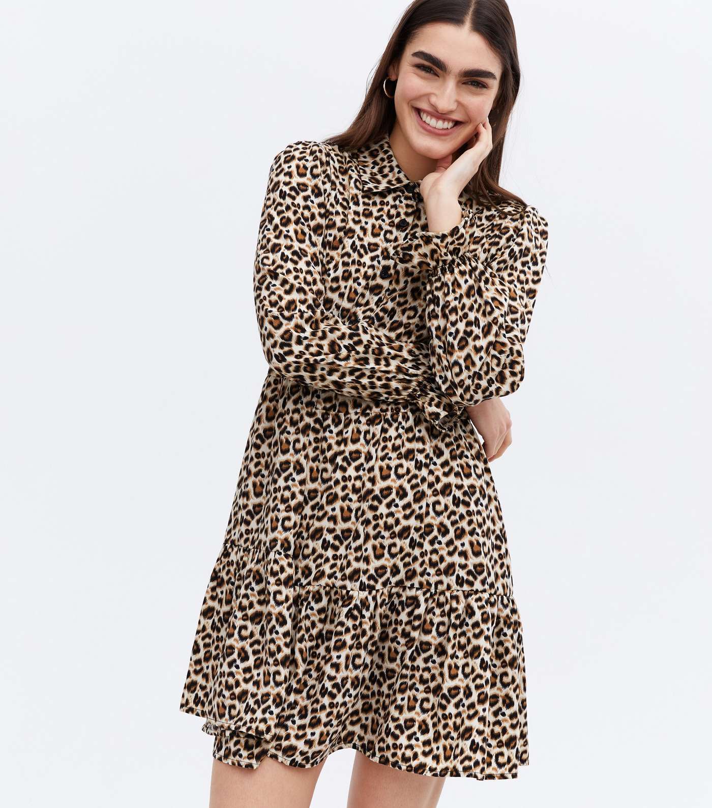 Brown Leopard Print Tiered Mini Smock Shirt Dress Image 2