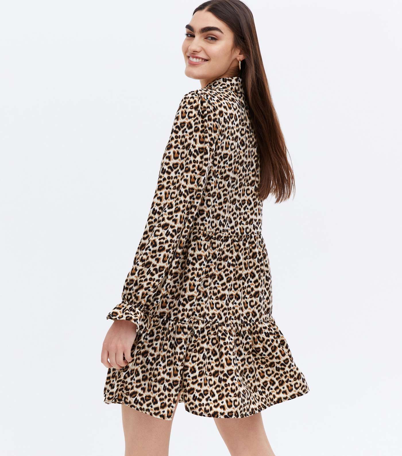 Brown Leopard Print Tiered Mini Smock Shirt Dress Image 4