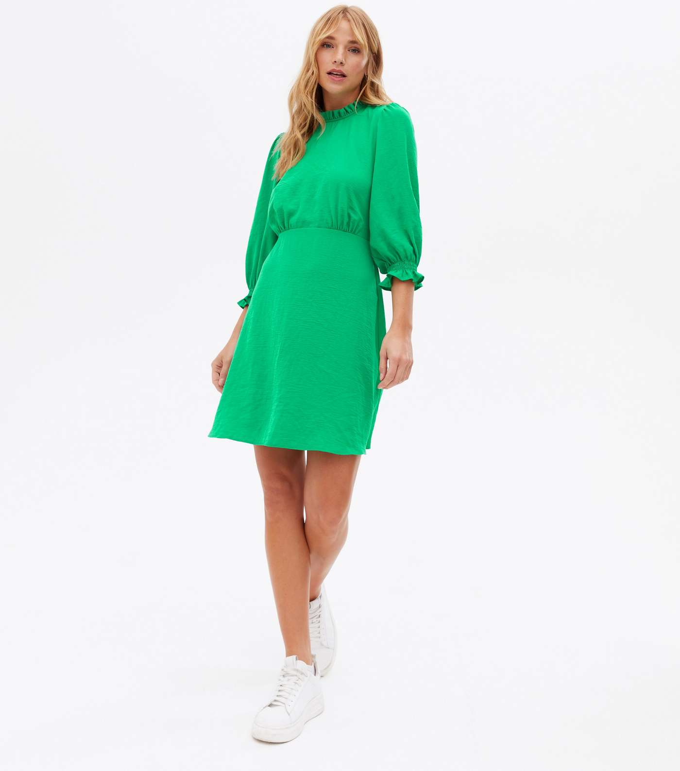 Green Frill High Neck 3/4 Sleeve Mini Dress Image 2