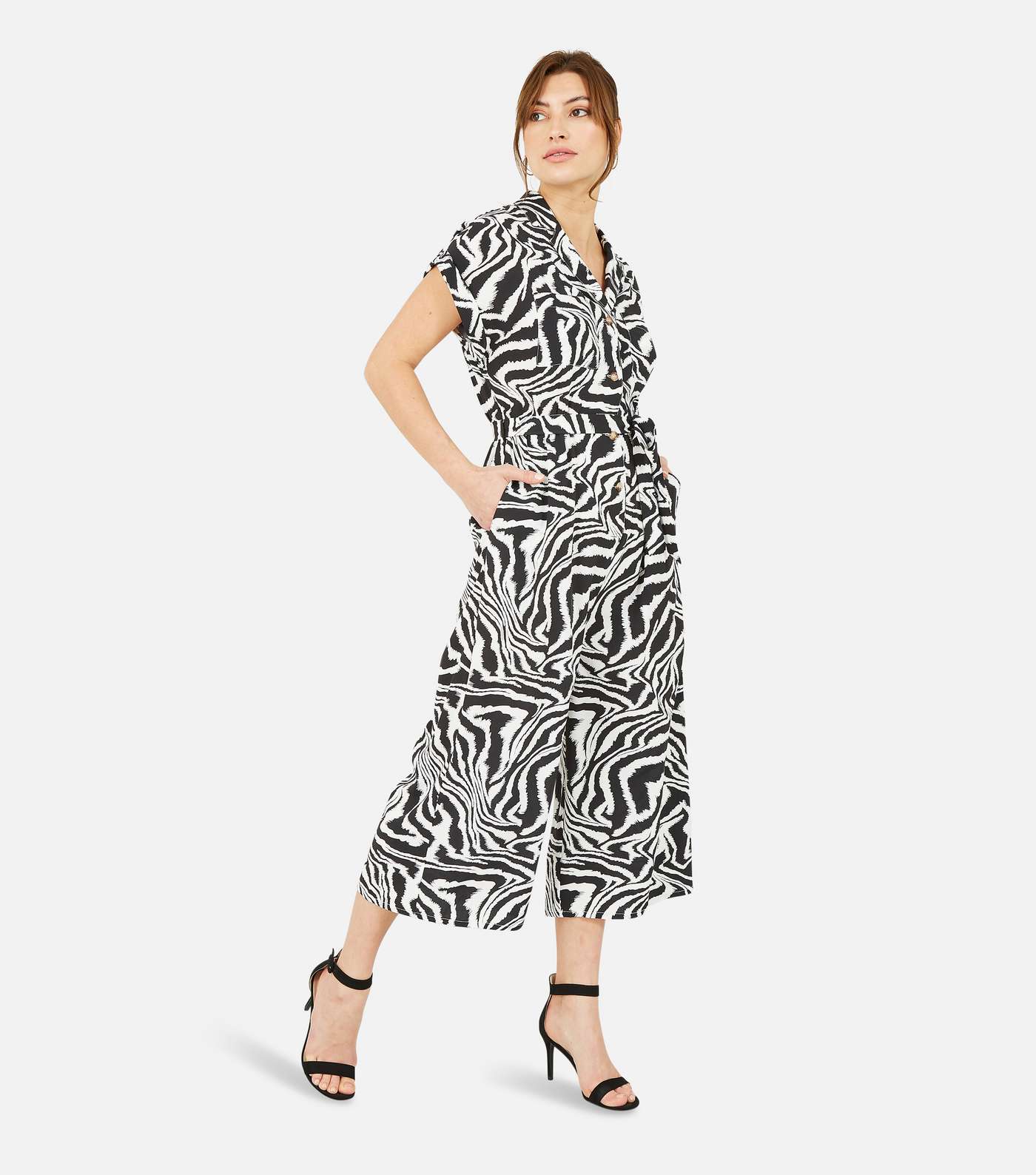Yumi Black Zebra Print Belted Wide Leg Crop Jumpsuit