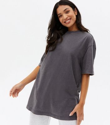 Petite Dark Grey Acid Wash Oversized T 