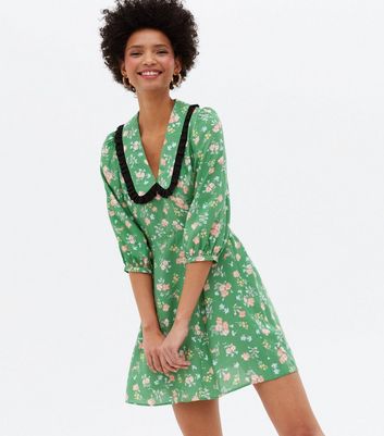 Green Floral Frill Collar Mini Tea Dress New Look