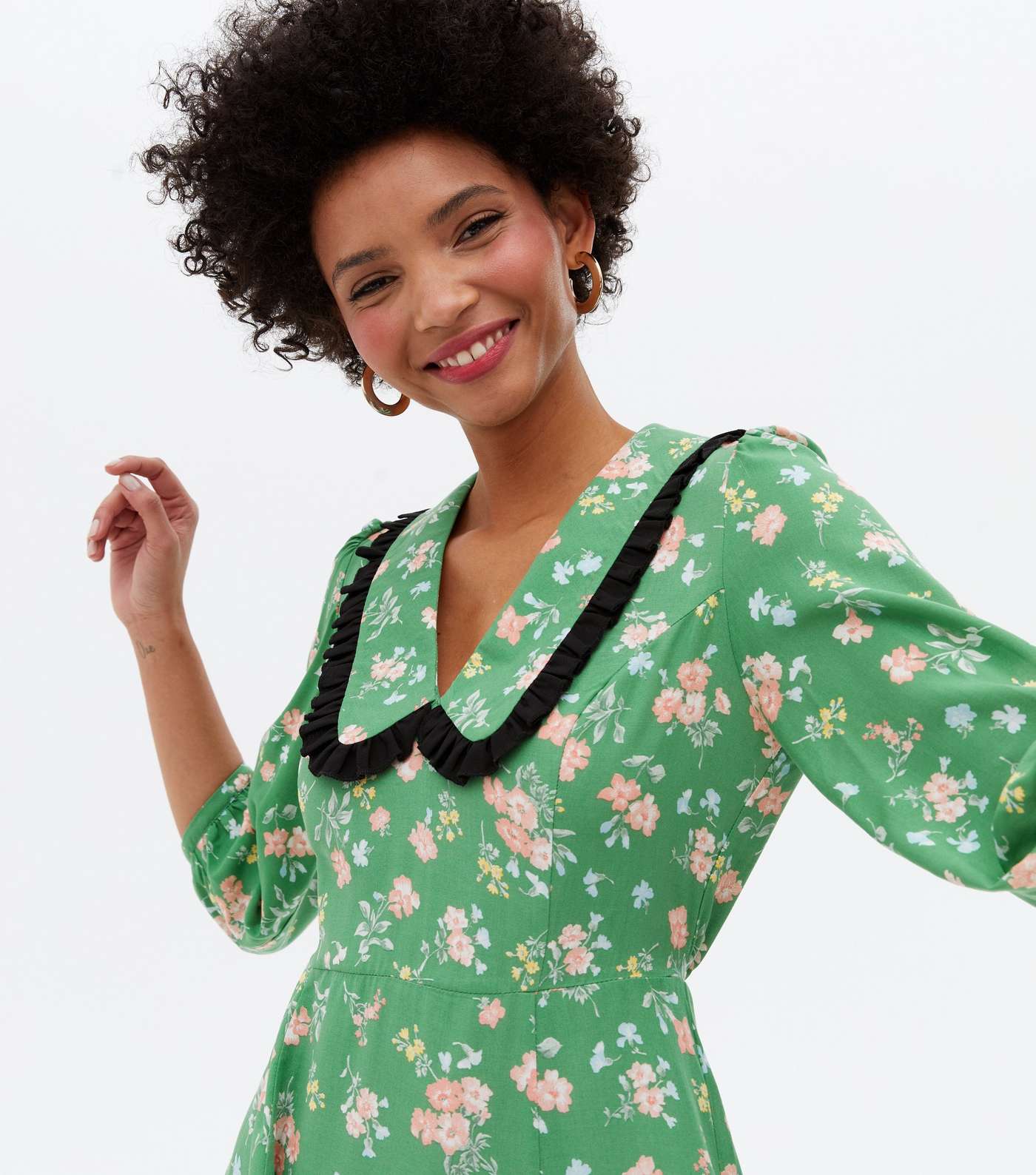 Green Floral Frill Collar Mini Tea Dress Image 3