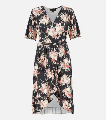 Mela Black Floral 1 2 Sleeve Midi Wrap Dress New Look