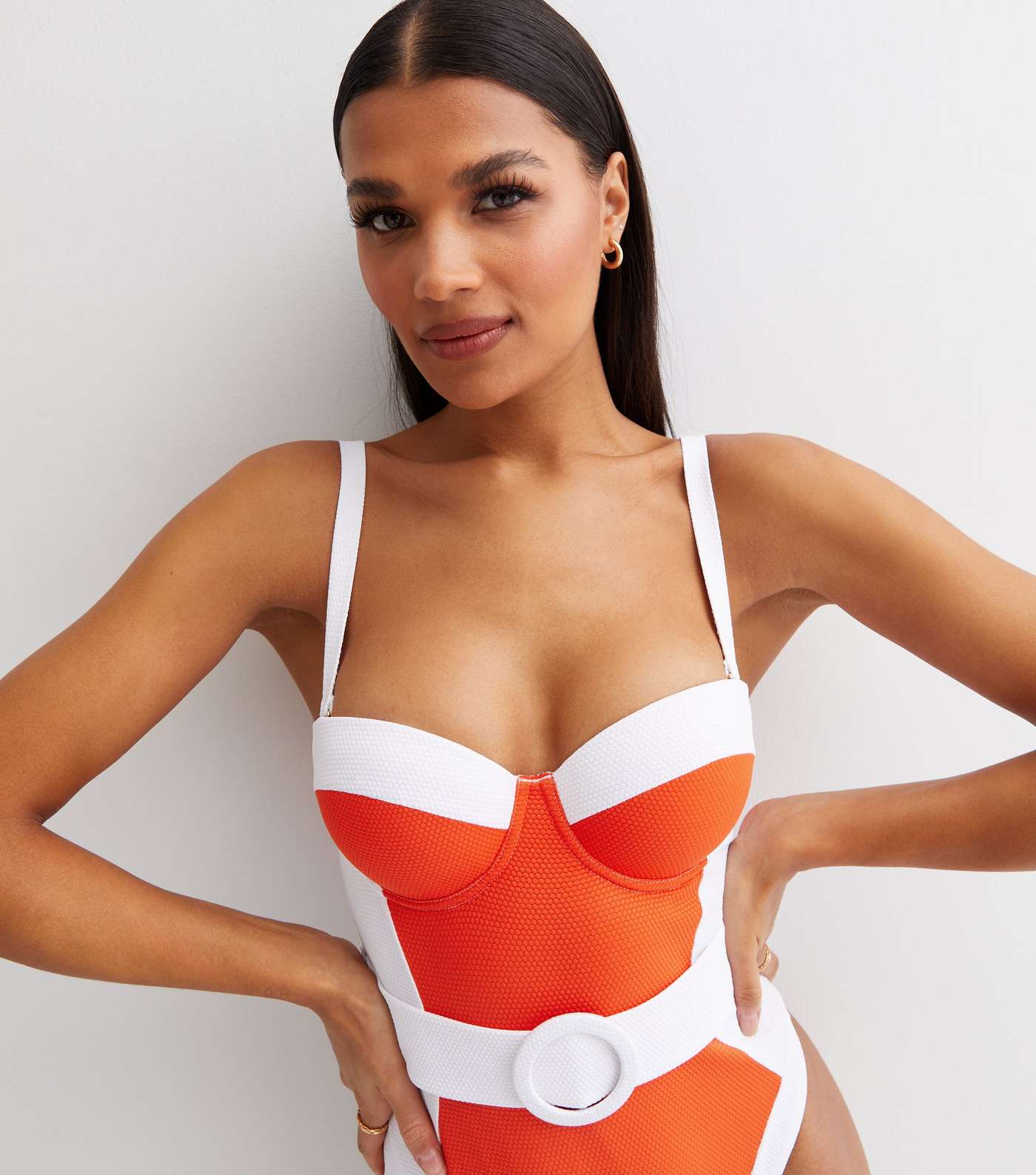 Red Colour Block Belted Illusion Lift & Shape Swimsuit Image 3