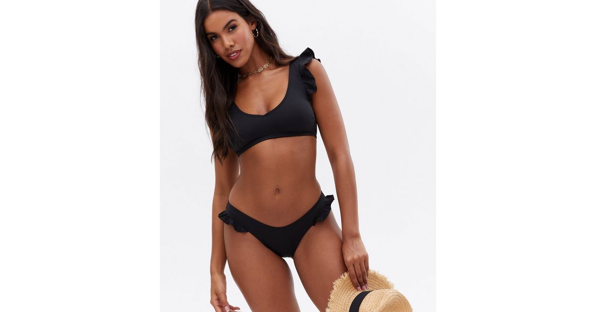 Black Textured Frill Hipster Bikini Bottoms