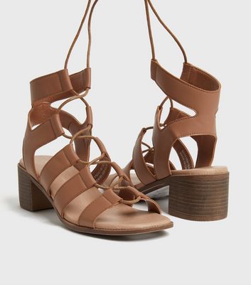 Tan Ghillie Tie Block Heel Sandals New Look