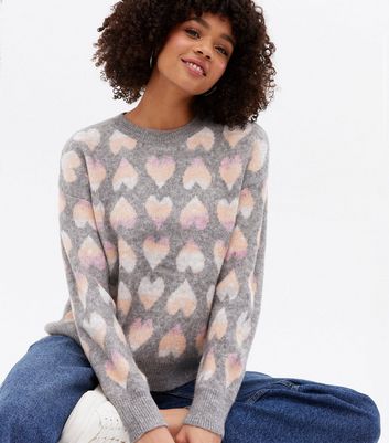 Click to view product details and reviews for Blue Vanilla Light Grey Heart Knit Jumper New Look.