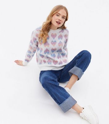 Blue Vanilla Off White Heart Knit Jumper New Look