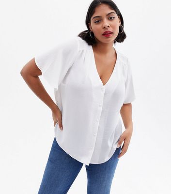 Curves White Button Short Sleeve Blouse New Look