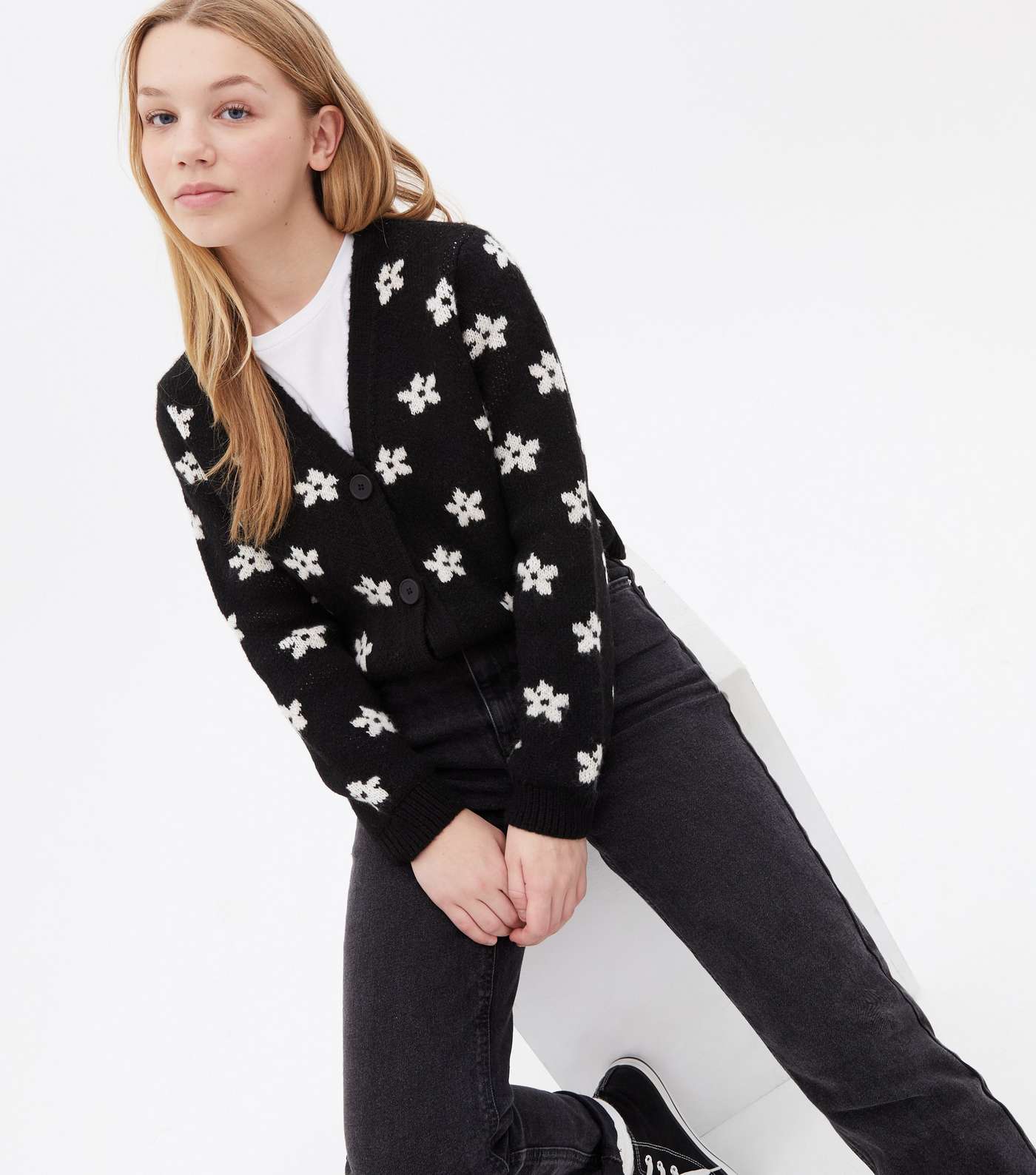 Girls Black Floral Knit Button Cardigan