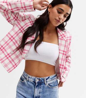 Pink Check Bouclé Crop Blazer