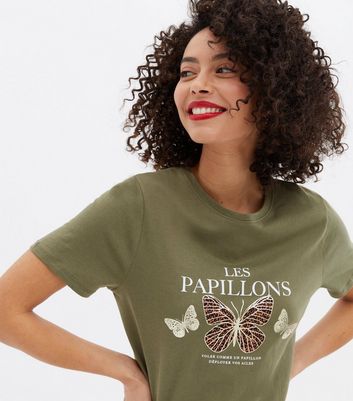 Tall Khaki Butterfly Les Papillons Logo T Shirt New Look