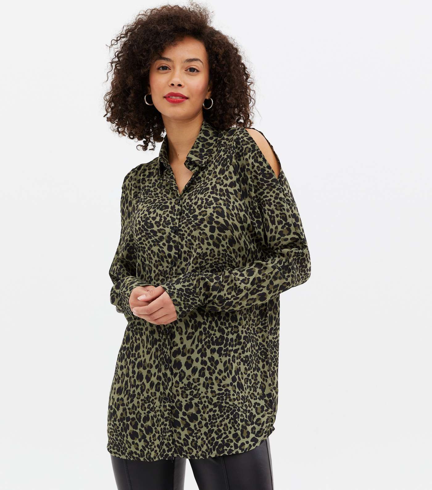 Tall Green Leopard Print Cold Shoulder Shirt