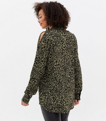 Tall Green Leopard Print Cold Shoulder Shirt New Look