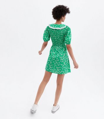 Green Daisy Shirred Frill Collar Mini Tea Dress New Look