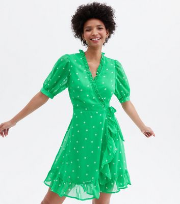 Green Spot Chiffon Frill Mini Wrap Dress New Look