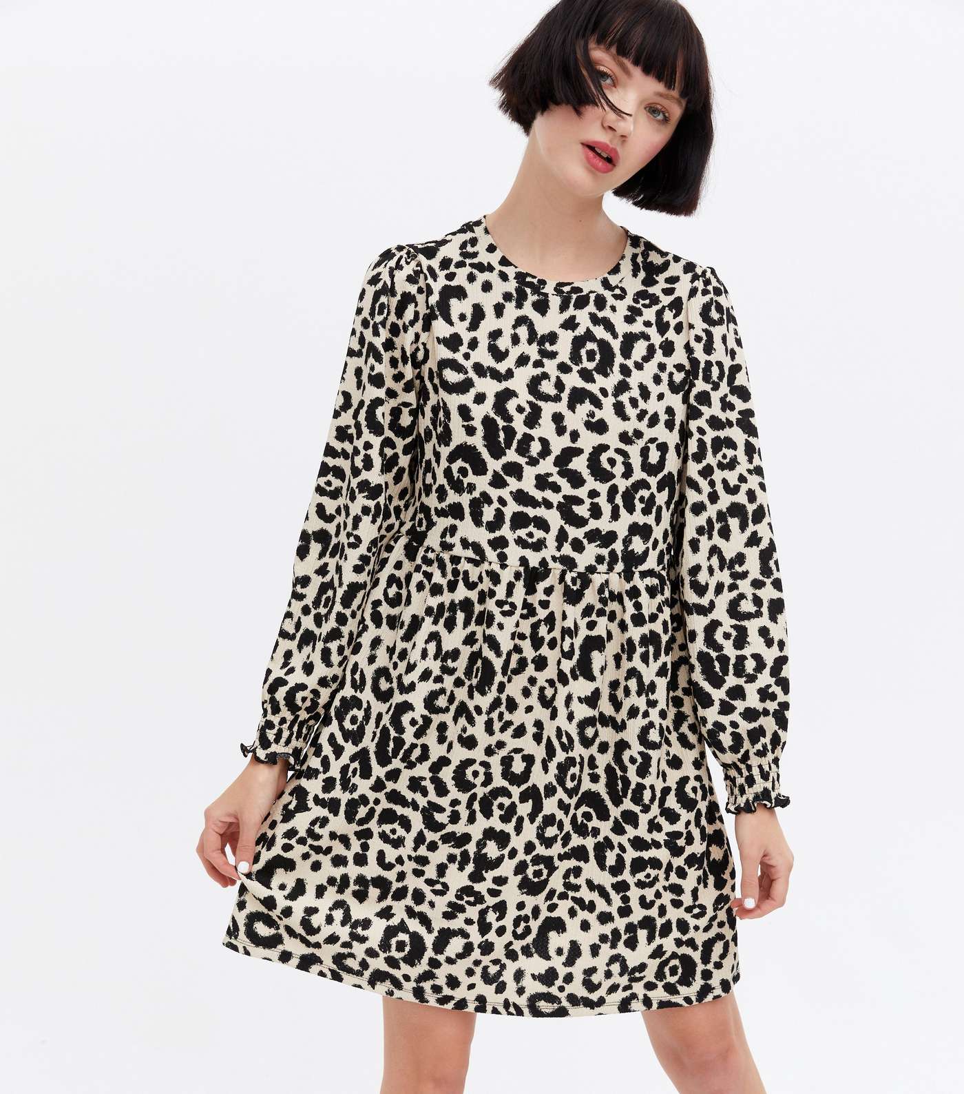 Brown Leopard Print Crinkle Long Sleeve Mini Dress