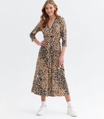 Brown Leopard Print Shirred V Neck Midi Dress New Look