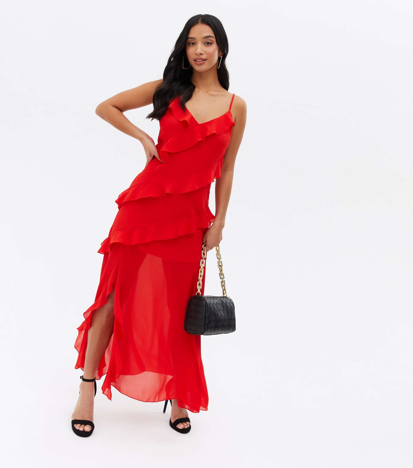 Petite Red Chiffon Strappy Frill Midi Dress